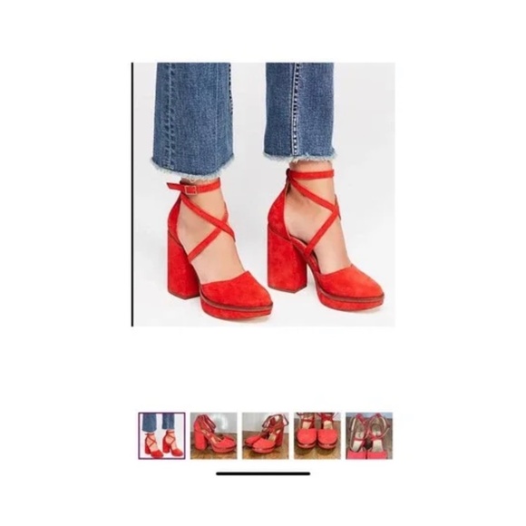 Free People 39(USA 9)Red Remi Double Ankle Strap Suede Block Platform Heel - Picture 2 of 10